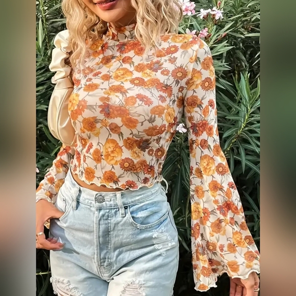 Boutique Tops - Golden Bloom Mesh Top